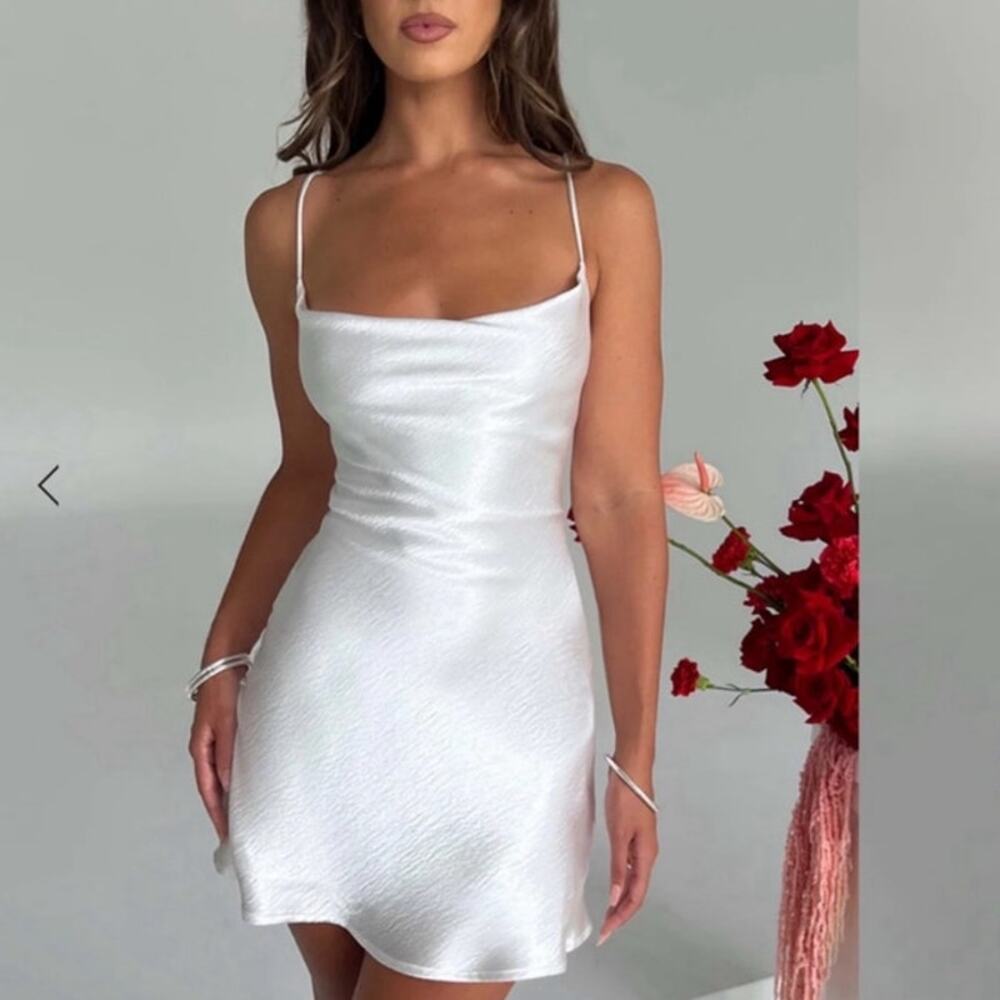 White Satin Cowl Mini Dress with Spaghetti Straps